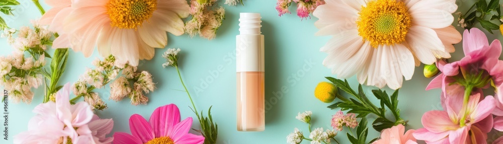A beautiful arrangement of flowers surrounding a bottle of foundation on a pastel blue background. Perfect for beauty themes.