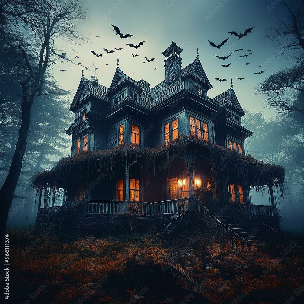 Abandoned Haunted Victorian House with Bats at Dusk in Spooky Forest Setting for Halloween Themes Abandoned Haunted Victorian House with Bats at Dusk in Spooky Forest Setting for Halloween Themes