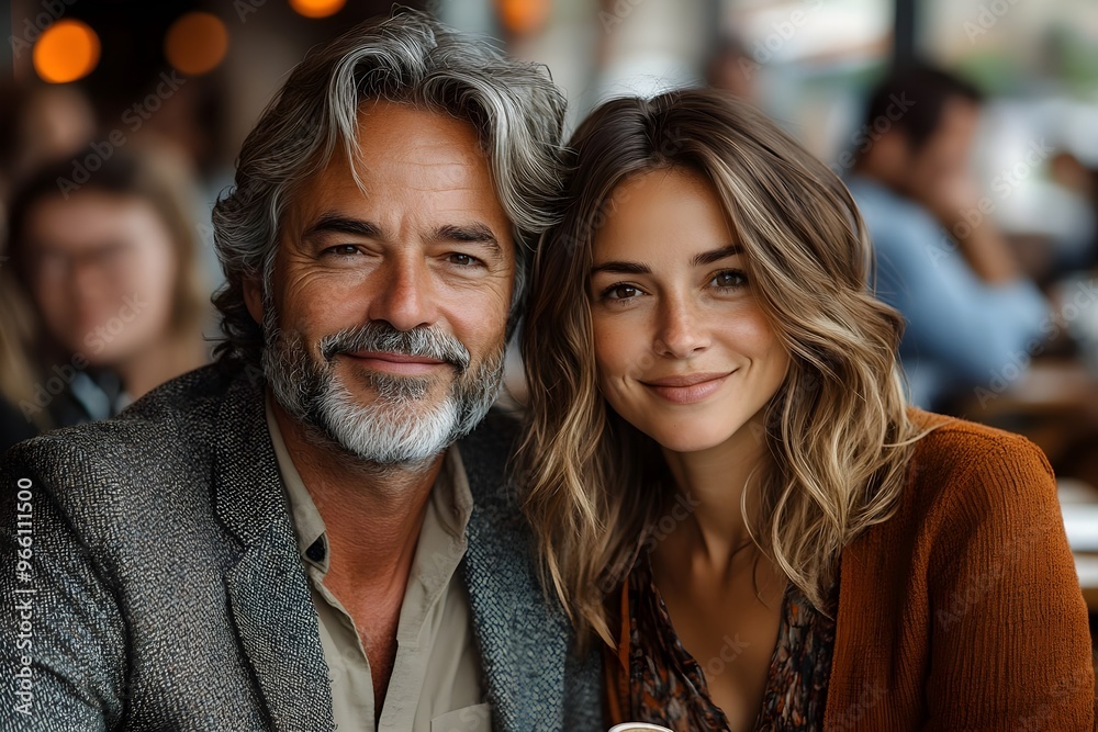 Middle-aged couple sitting together at a table in a stylish university cafeteria, enjoying a coffee break Middle-aged couple sitting together at a table in a stylish university cafeteria, enjoying a coffee break