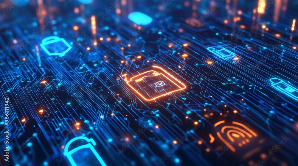 Close up of a circuit board with a glowing orange padlock icon. Close up of a circuit board with a glowing orange padlock icon.