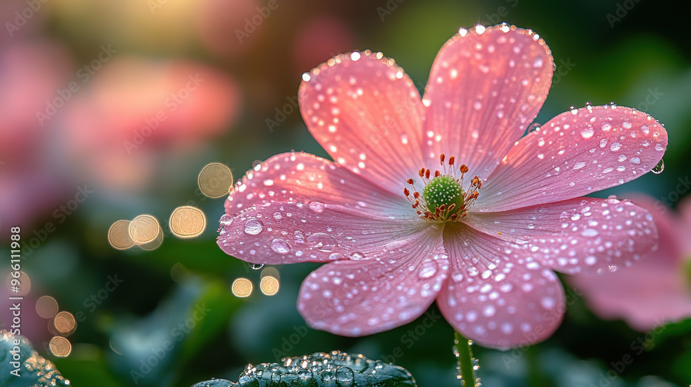 A pink flower with dew drops on it. The flower is surrounded by green leaves. Concept of freshness and beauty A pink flower with dew drops on it. The flower is surrounded by green leaves. Concept of freshness and beauty