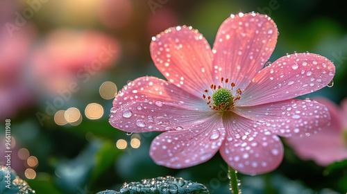 A pink flower with dew drops on it. The flower is surrounded by green leaves. Concept of freshness and beauty