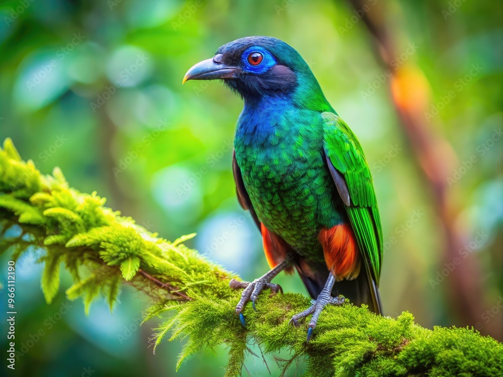 Vibrant umbrella bird perches on a lush green branch, its brightly colored plumage and delicate feathers glistening in the dappled rainforest light. Vibrant umbrella bird perches on a lush green branch, its brightly colored plumage and delicate feathers glistening in the dappled rainforest light.