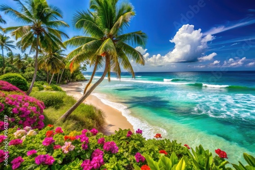 Vibrant turquoise ocean waves gently lap at the sugary white sand shoreline, surrounded by lush green palm trees and vibrant exotic flowers in paradise.