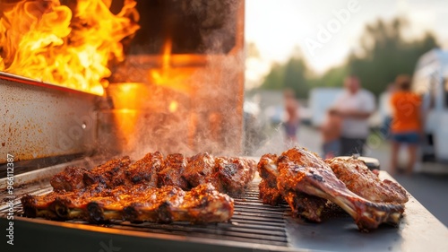 Cozy BBQ food truck with a large grill, parked on a quiet suburban street, families gathered around enjoying freshly grilled ribs