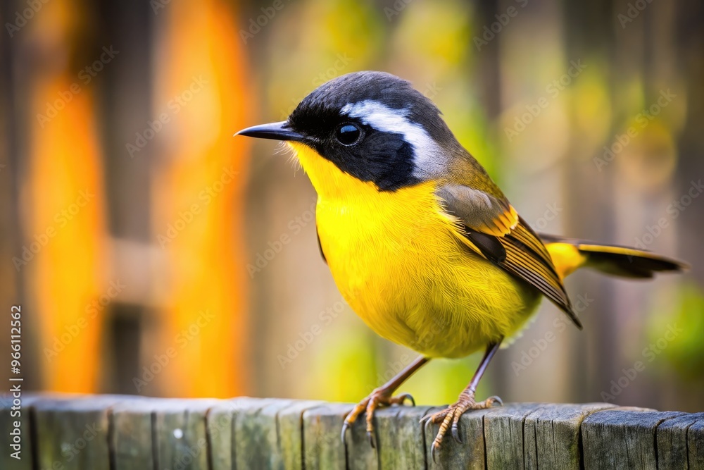 Vibrant yellow wren perches on a weathered wooden fence, its bright plumage and black accents contrasting with the muted rustic background tones. Vibrant yellow wren perches on a weathered wooden fence, its bright plumage and black accents contrasting with the muted rustic background tones.