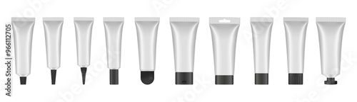 Set of white cosmetic tubes with black caps. Closed blank tubes with caps. Realistic mockup. Long nozzle tube. for ointment or salve. Gel serum. Korean packaging. Lip gloss. Toothpaste. Hand cream