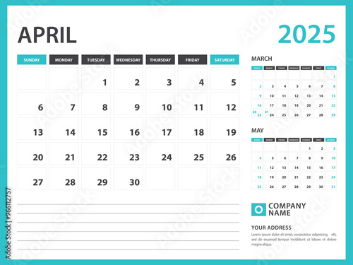 Monthly calendar template for 2025 year. April 2025 year, Week Starts on Sunday, Desk calendar 2025 design, Wall calendar, planner design, stationery, printing media, advertisement, vector