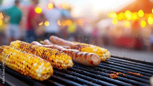 Retrostyle grill food truck at a summer street festival, serving grilled corn and sausages, colorful fair lights and crowds