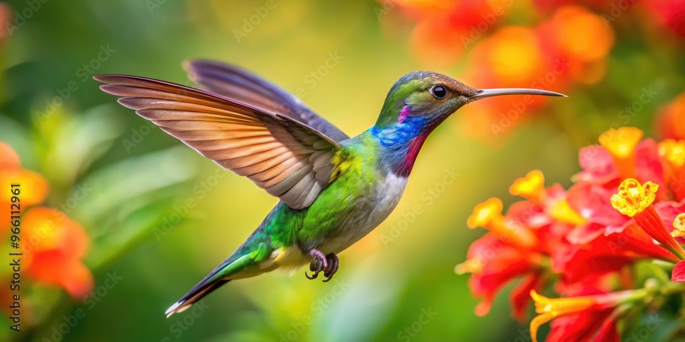 Vividly Colored Hummingbird With An Extended Beak Hovers Near Tropical Flowers Vividly Colored Hummingbird With An Extended Beak Hovers Near Tropical Flowers
