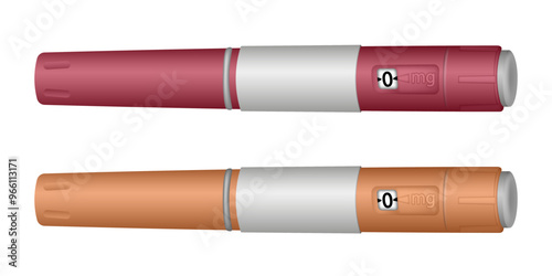 Insulin pen syringe. Diabetes treatment or weight management. Diet, weight loss. Red and orange packaging	