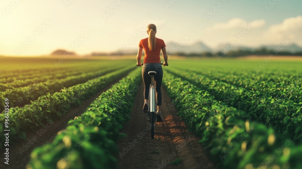 Fototapeta premium Woman cycling through organic farm fields, sunny day, 3D illustration