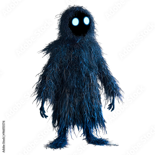 halloween scary evil fluffy blue monster with bright blue eyes isolated on png transparent background photo