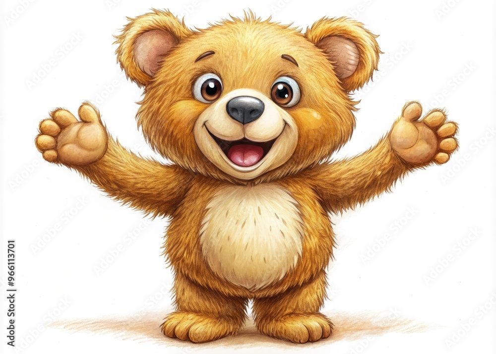 Whimsical illustration of a cheerful, anthropomorphic teddy bear with bright eyes and a smile, standing upright with outstretched arms, exuding playful friendliness. Whimsical illustration of a cheerful, anthropomorphic teddy bear with bright eyes and a smile, standing upright with outstretched arms, exuding playful friendliness.