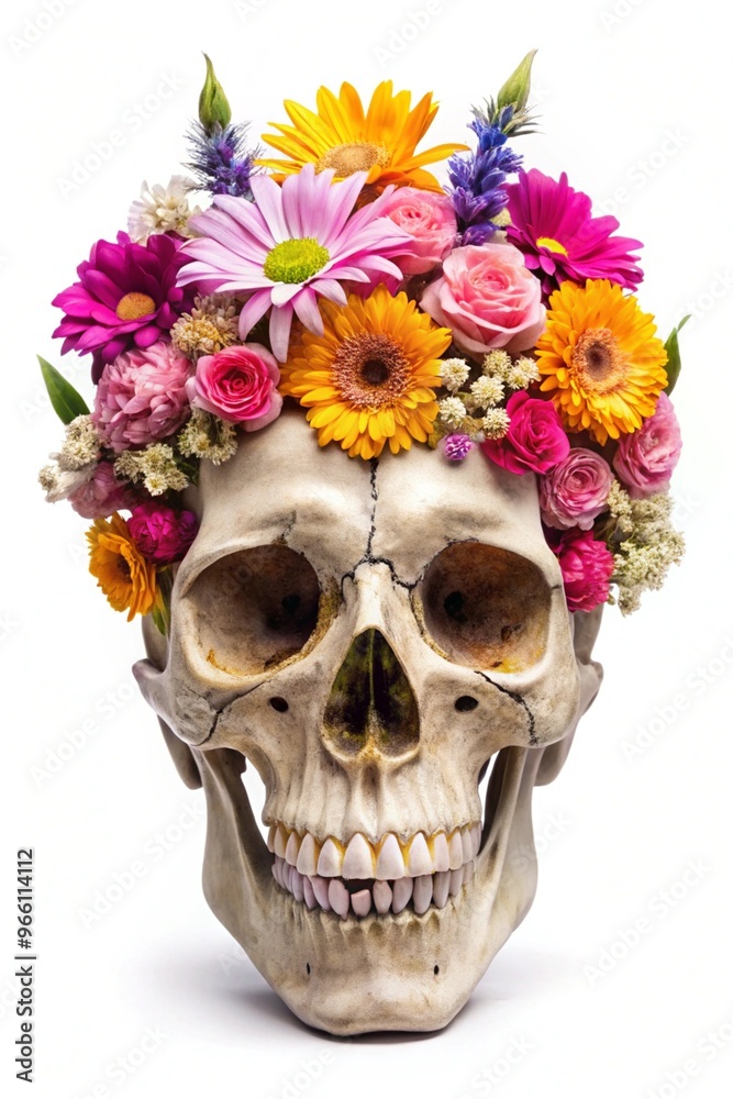 Naklejka premium A Unique Artistic Representation of a Skull Surrounded by Vibrant Flowers for Creative Projects