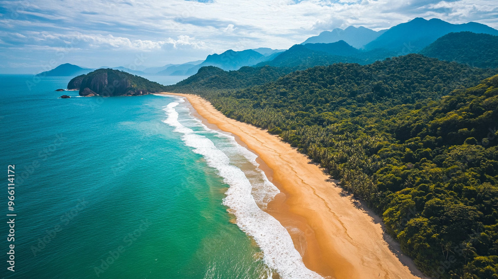 Paradisiac Brazilian beach top view surrounded by native forest