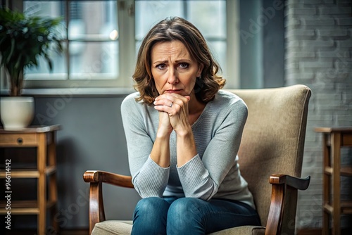 Worried Woman Squirming Uncomfortably In Chair, Clutching Hands Together Tightly, With Furrowed Brow And Tense Jaw