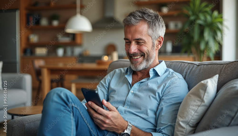 Relaxed happy older mature middle aged man holding mobile phone using cellphone sitting at home on sofa in modern living room, chatting online, texting messages, reading news, shopping in apps