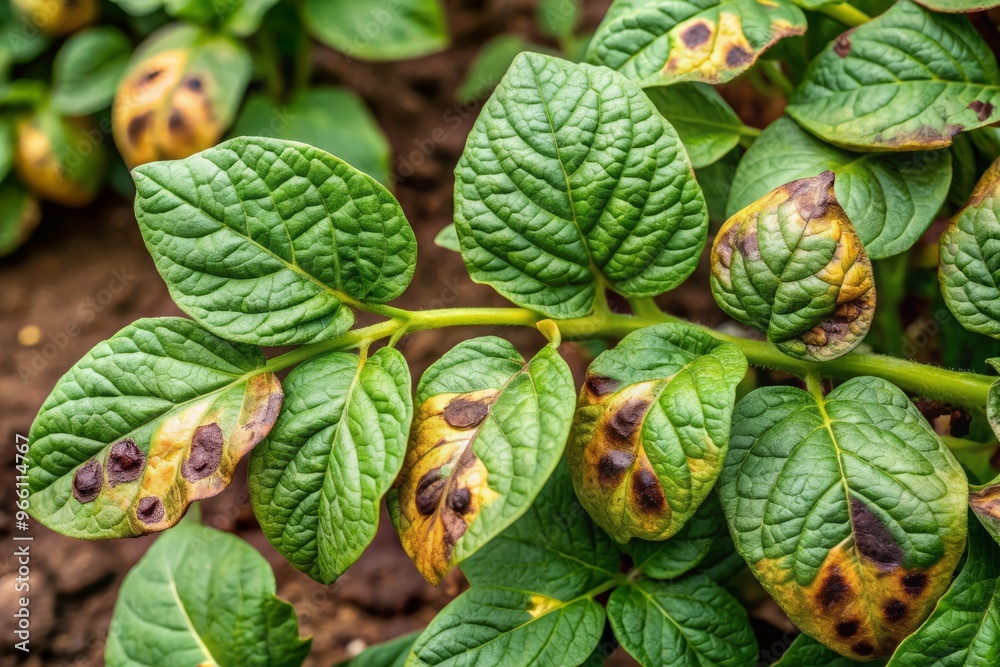 Brown scab lesions cover diseased potato plant leaves, stems, and ...