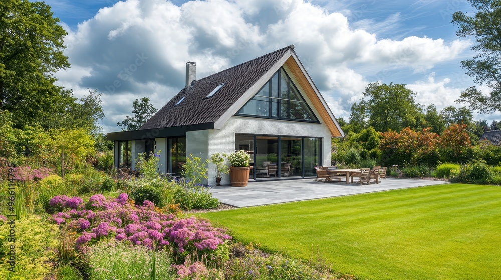 Modern White Brick House with Large Windows and Green Lawn Modern White Brick House with Large Windows and Green Lawn