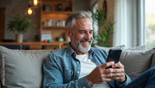 Relaxed happy older mature middle aged man holding mobile phone using cellphone sitting at home on sofa in modern living room, chatting online, texting messages, reading news, shopping in apps