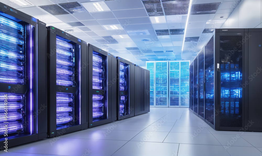 A row of servers in a data center, lit with blue lights A row of servers in a data center, lit with blue lights