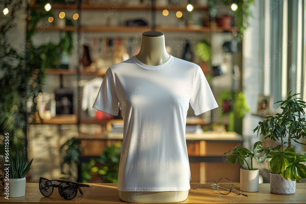 Naklejka premium Tshirt on stylish mannequin in boutique background created with Generative AI