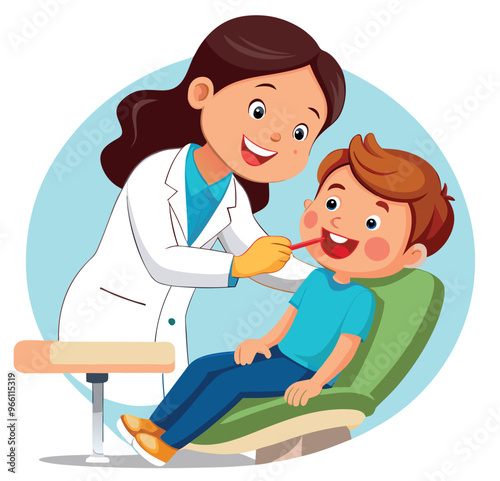 Female dentist examining little boy teeth in dental clinic