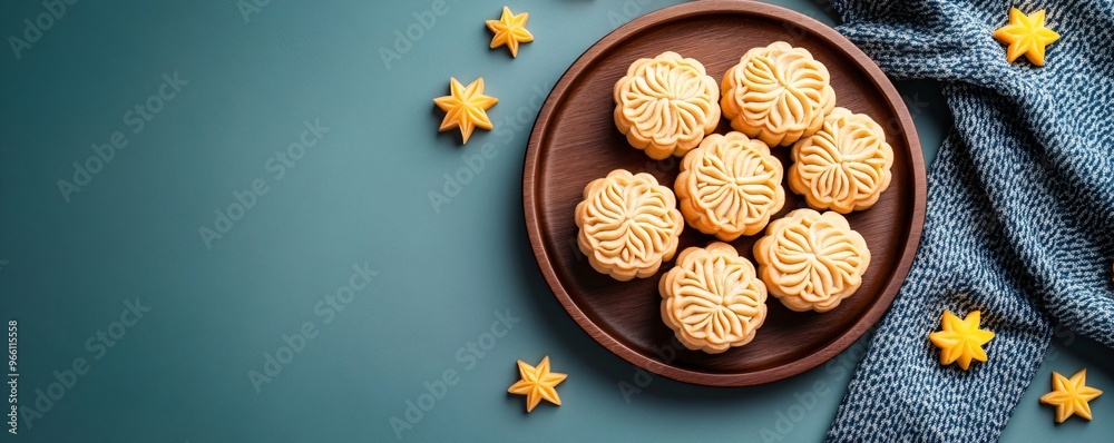 Mooncake on wooden plate on blue background with stars decor. Mid-autumn festival concept. Traditional festive Chinese food. Asian holiday celebration. Flat lay banner with copy space Mooncake on wooden plate on blue background with stars decor. Mid-autumn festival concept. Traditional festive Chinese food. Asian holiday celebration. Flat lay banner with copy space