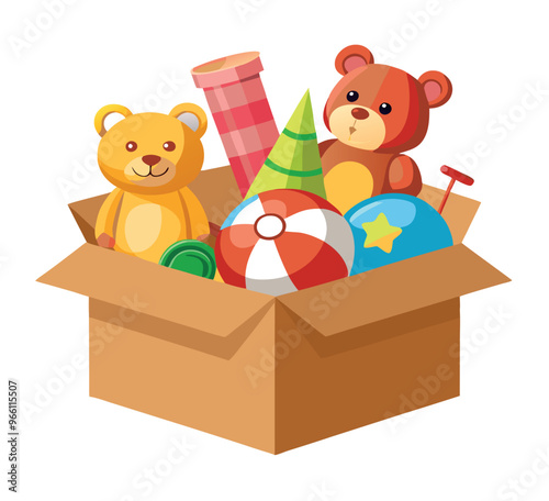 Cardboard box overflowing with colorful toys for happy children
