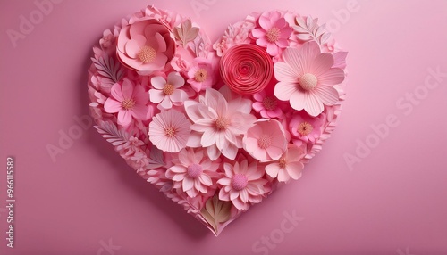 Beautiful Valentine's Day Pink Love Heart and Paper Cut Flowers Design, Floral Romance, Copy-Space Background, Celebratory Mood