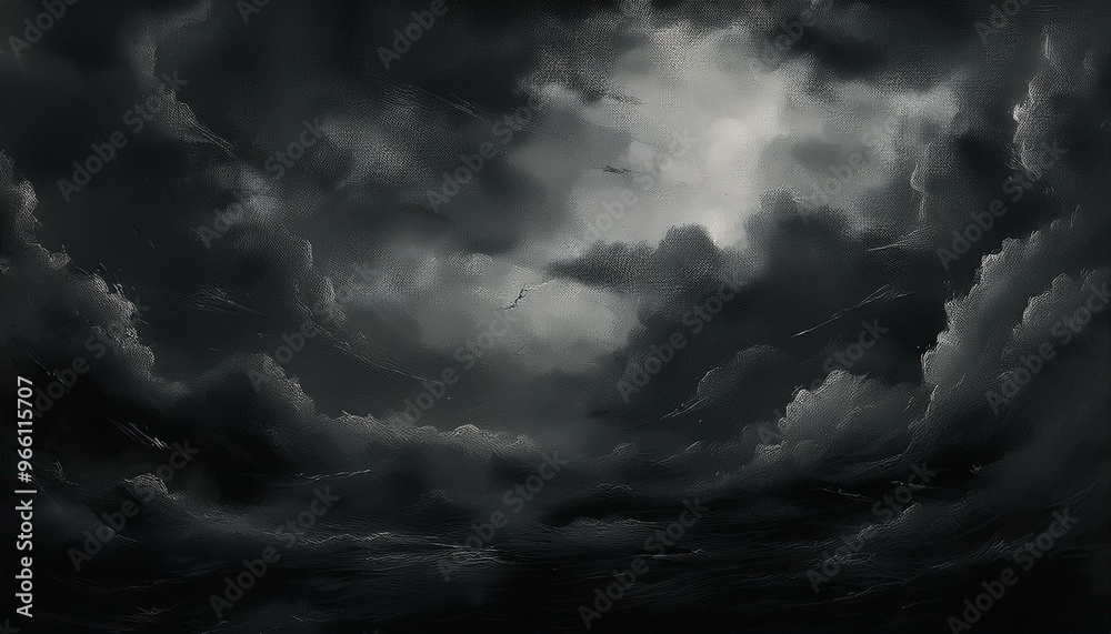 Obraz premium black gloomy sky, grunge texture, dark gray clouds background, horror scary theme poster backdrop design