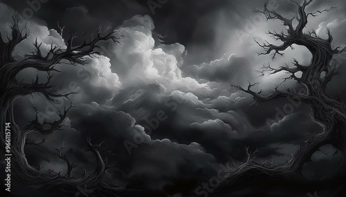black gloomy sky, grunge texture, dark gray clouds background, horror scary theme poster backdrop design