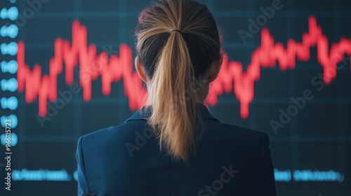 Businesswoman watching a falling interest rate graph with concern, financial market visualization