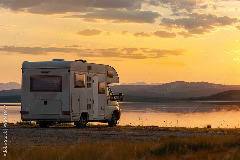 Holiday trip on large family motorhome for holiday in beautiful nature Holiday trip on large family motorhome for holiday in beautiful nature
