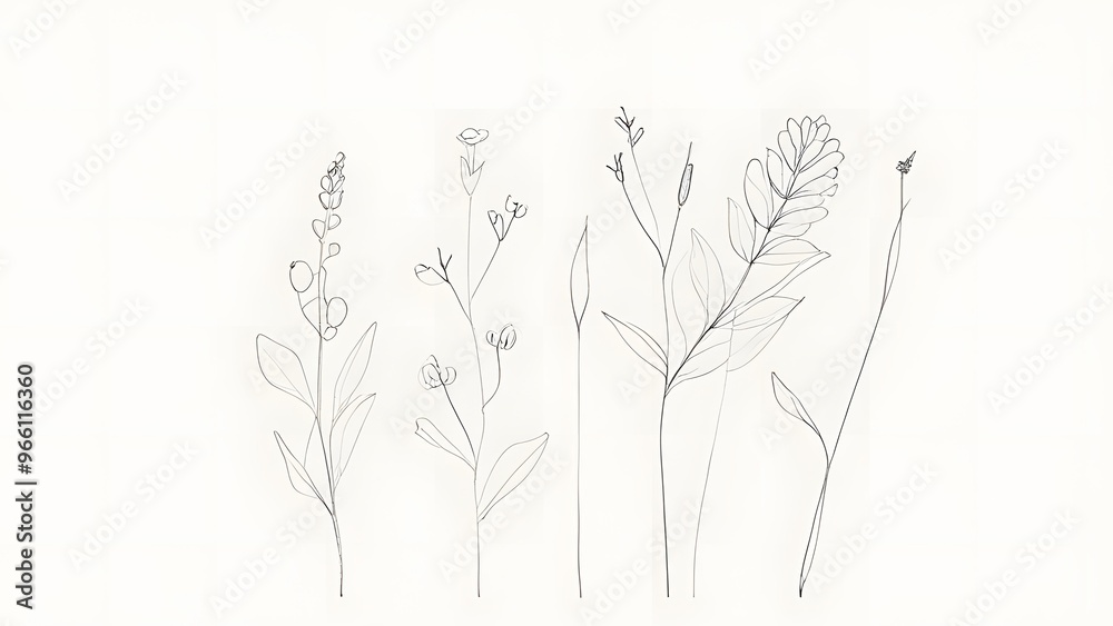 Simple elegant line drawing of minimalist botanical art, showcasing delicate and clean floral illustrations, ideal for modern design. Simple elegant line drawing of minimalist botanical art, showcasing delicate and clean floral illustrations, ideal for modern design.