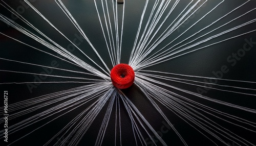 Contrasting Red Thread Coil Among White Threads on Black Surface Symbolizing Connection and Focus