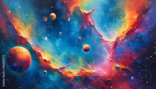 Vibrant Abstract Nebula with Planets and Stars in a Colorful Cosmic Landscape