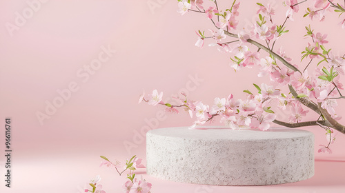 abstract background with white marble podium for product display ,Abstract minimal scene with geometric forms ,cylinder podium in pink background with pink sakura flower