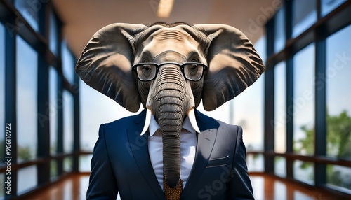 Corporate Elephant CEO in Business Suit with Glasses and Tie in Formal Office Setting Unique Animal Characterization for Business Marketing and Branding Concepts, Professional Office Theme