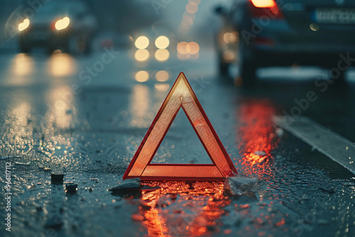 Red emergency safety triangle or stop sign on road. Damaged car on city highway. Road assistance, emergency banner with copy space area.