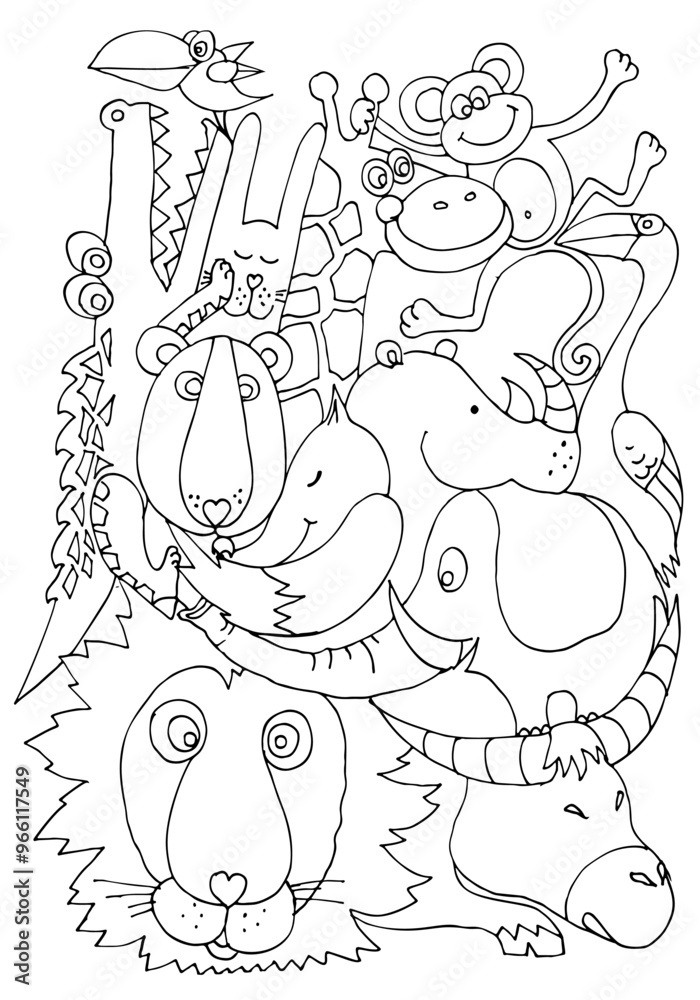 Coloring page with cute animals. Lion, giraffe, monkey, elephant, ox, fox, rhino, crocodile, bunny, bear, flamingo, toucan. Hand drawn vector illustration
