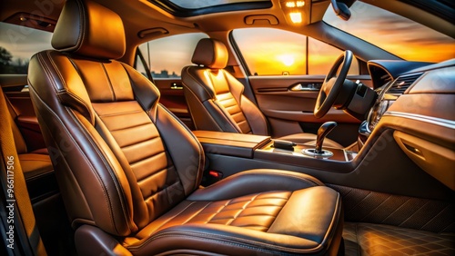 Close-up of a driver's seat inside a car, with sleek leather upholstery, intricate stitching, and adjustable controls, photo