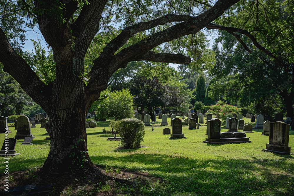 A fantastically mysterious cemetery with tombstones and scary atmosphere A fantastically mysterious cemetery with tombstones and scary atmosphere