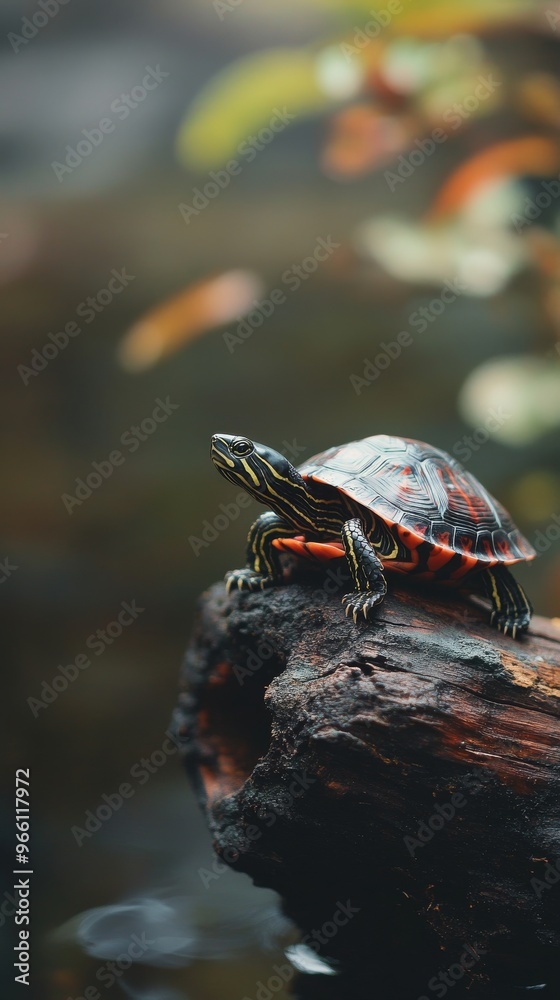 Obraz premium Painted turtle perched on rock in nature, close-up view. Wildlife and conservation concept
