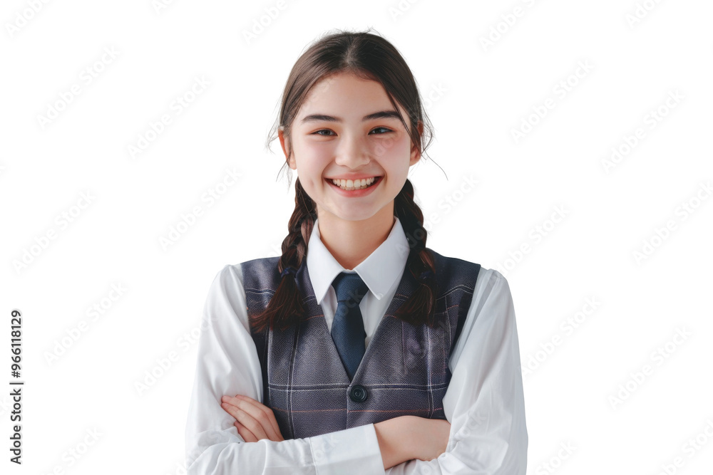 Joyful portrait of a schoolgirl in uniform, smiling and ready for the first day of school, isolated on a transparent png background. Joyful portrait of a schoolgirl in uniform, smiling and ready for the first day of school, isolated on a transparent png background.