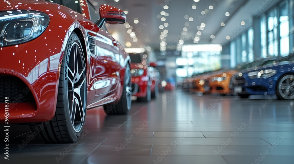 Luxury cars displayed in a modern showroom with bright lights Luxury cars displayed in a modern showroom with bright lights