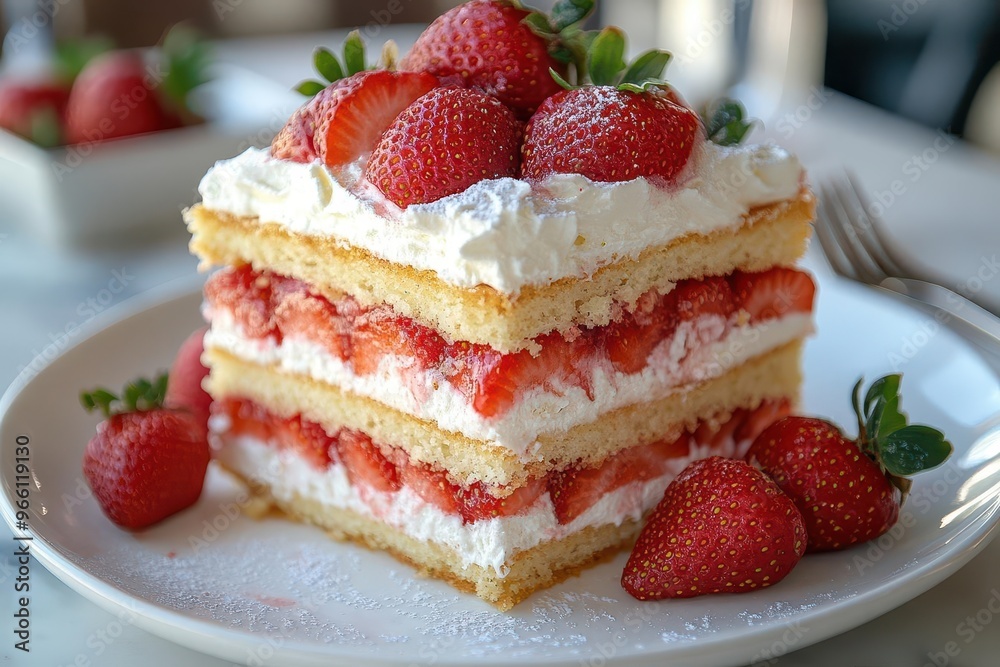 tempting closeup of a beautifully plated strawberry shortcake showcasing layers of fluffy cake fresh strawberries and pillowy whipped cream presented on an elegant white plate