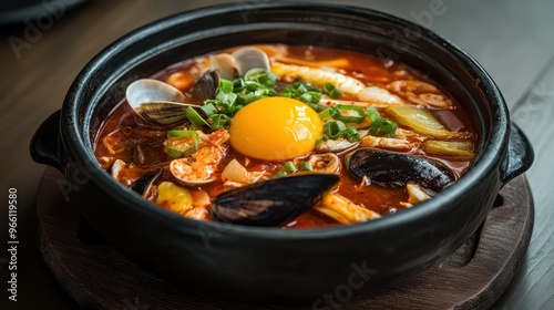 Sundubu Jjigae with Clams, Shrimp, and Vegetables. Korean food