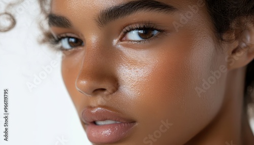 Close-up portrait of a young woman with glowing skin and expressive features, embodying beauty and confidence.